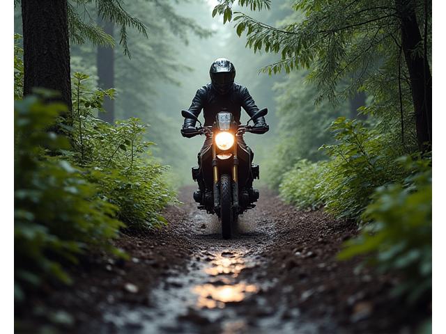 Motorcycle riding through a dense, muddy forest trail