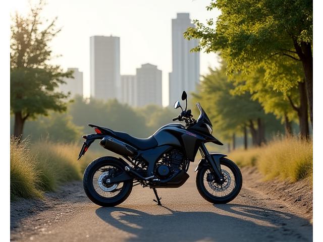 Motorcycle navigating a city street blending into a natural park