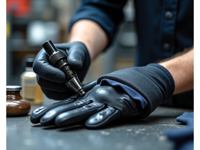 Gloved hands demonstrating cleaning of motorcycle gloves.
