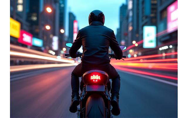 A rider on a sleek motorcycle, cruising through a vibrant city environment at dusk.