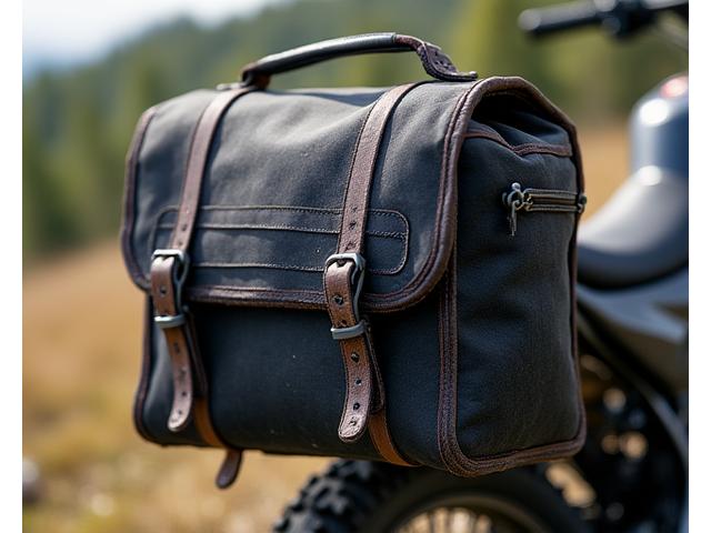 Waterproof motorcycle saddlebag, slightly muddy, showing real-world use and durability.